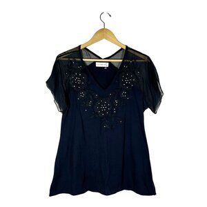 Johnny Was 4 Love and Liberty Embroidered Sheer Panel Top Womens Sz M Goth Boho